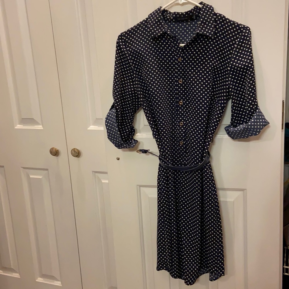 Navy Blue Polkadotted Shirt Dress, 2/3 Gold Button
